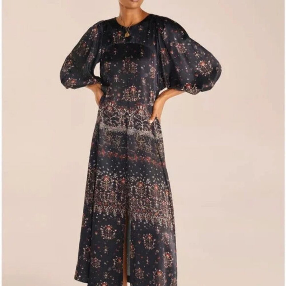 Rebecca Taylor Black Maxi Dress with Pink & Cream Floral Print